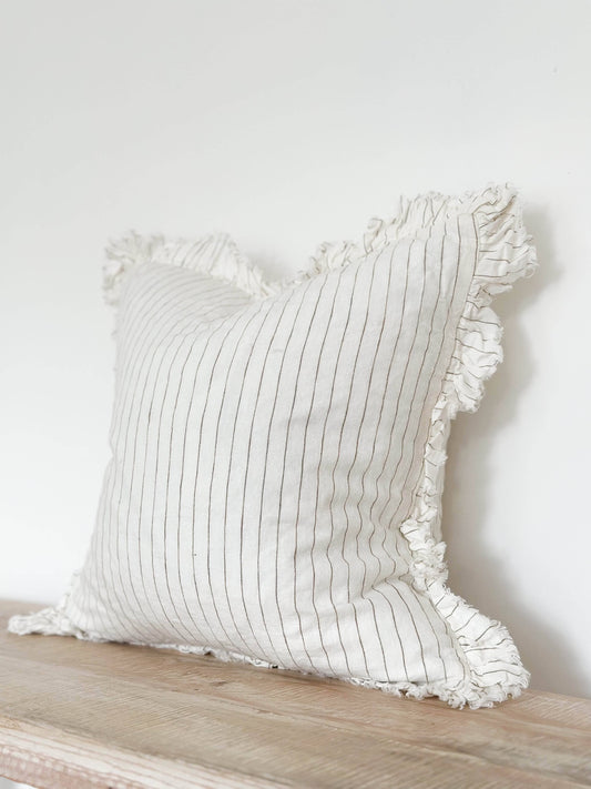 Ruffled Cream & Olive Linen Cushion