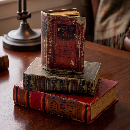 A stack of three vintage hardcover books on a wooden table, with the top book titled 'Rules of Golf' placed on top. A table lamp with a glowing bulb stands in the background near a window, and a plaid throw blanket is draped over a chair.