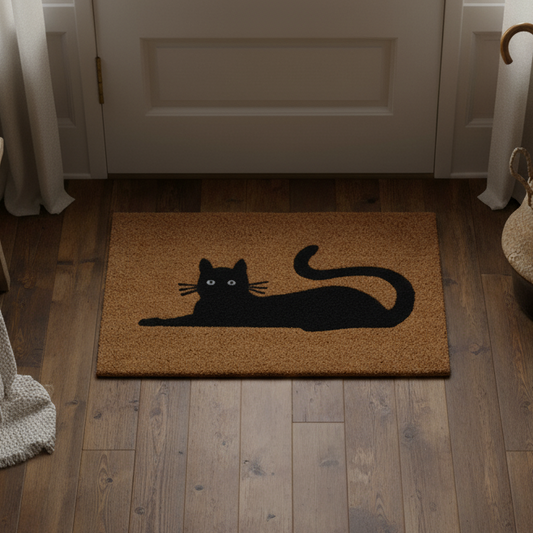 Doormat with a black cat design in front of a white door with glass panels.