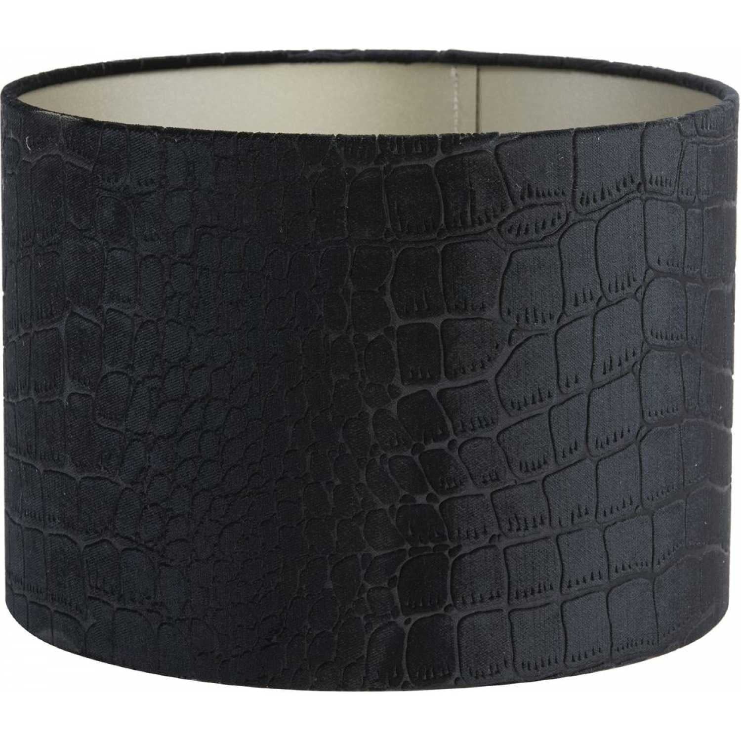 A cylindrical black lampshade with a textured, faux crocodile skin pattern and a light-coloured interior.