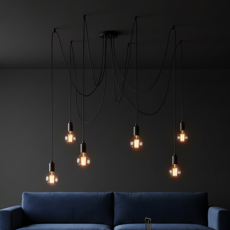 Modern living room with a blue sofa and hanging light fixtures against a dark wall.