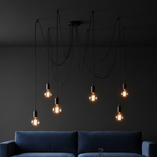 Modern living room with a blue sofa and hanging light fixtures against a dark wall.