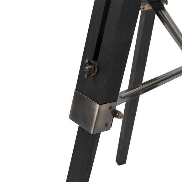 Black Coloured Wood Tripod Floor Lamp with White Linen Lamp Shade Photo 3 Leg Detail Metal