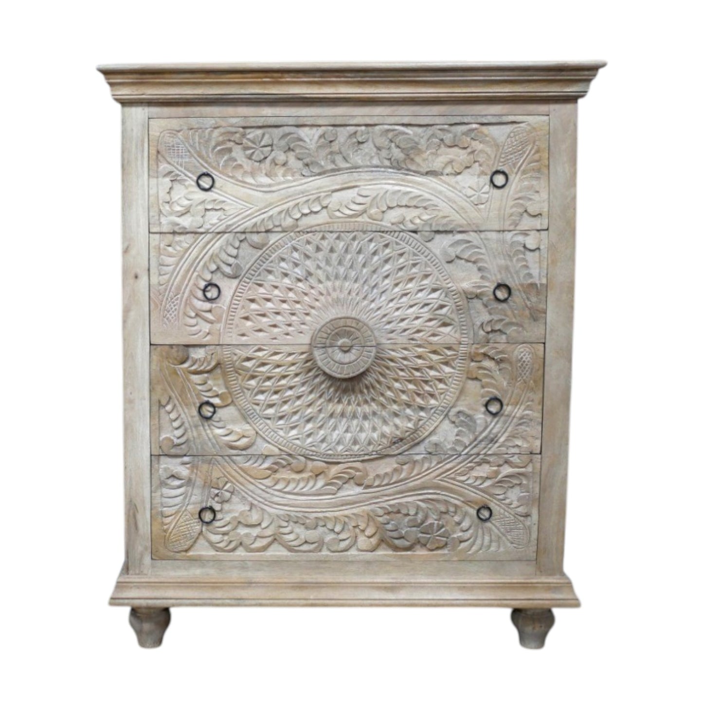A solid wood chest of drawers measuring 110cm in height, 90cm in width, and 41cm in depth, featuring intricately hand-carved floral and geometric patterns on its drawer fronts. The natural wood finish highlights the detailed craftsmanship, making it a versatile piece suitable for various interior styles, including bohemian, rustic, and moroccan decors.