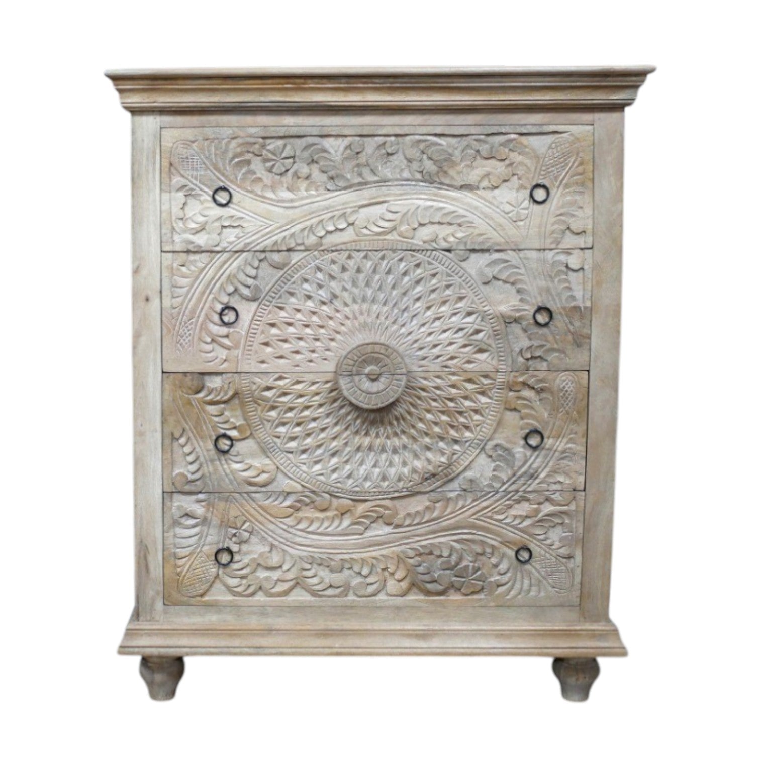 A solid wood chest of drawers measuring 110cm in height, 90cm in width, and 41cm in depth, featuring intricately hand-carved floral and geometric patterns on its drawer fronts. The natural wood finish highlights the detailed craftsmanship, making it a versatile piece suitable for various interior styles, including bohemian, rustic, and moroccan decors.