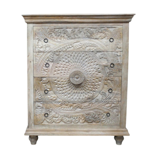 A solid wood chest of drawers measuring 110cm in height, 90cm in width, and 41cm in depth, featuring intricately hand-carved floral and geometric patterns on its drawer fronts. The natural wood finish highlights the detailed craftsmanship, making it a versatile piece suitable for various interior styles, including bohemian, rustic, and moroccan decors.