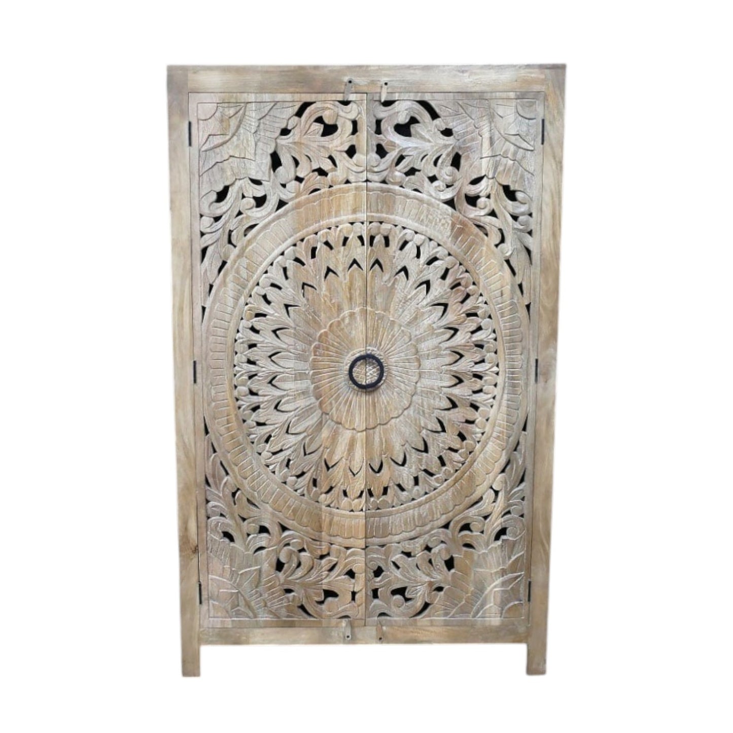 A tall, hand-carved solid wood wardrobe measuring approximately 109 in height, featuring intricate floral and geometric carvings on its doors. The natural wood finish highlights the craftsmanship, making it a statement piece suitable for various interior styles, including rustic, bohemian, and eclectic decor.