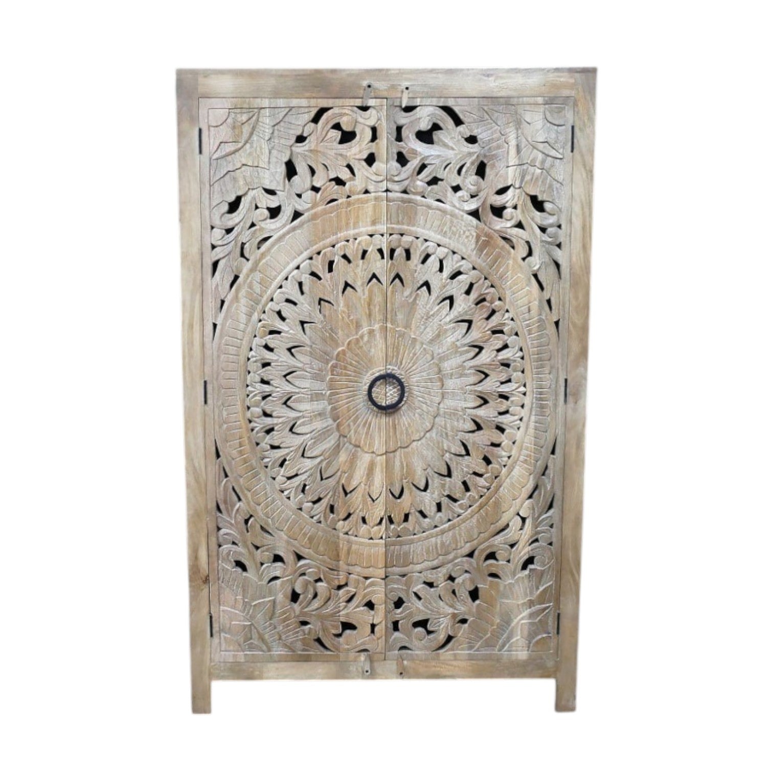 A tall, hand-carved solid wood wardrobe measuring approximately 109 in height, featuring intricate floral and geometric carvings on its doors. The natural wood finish highlights the craftsmanship, making it a statement piece suitable for various interior styles, including rustic, bohemian, and eclectic decor.