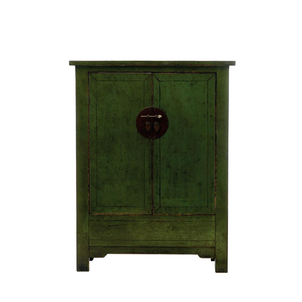 Elevate your space with this daring Chinoiserie Style Cabinet, crafted from solid wood and finished in a striking lacquer in either blue or green. Its sleek silhouette, inspired by Tsang design, pairs bold brass hardware with clean lines for a modern twist on traditional Eastern elegance. Behind two doors, three shelves provide flexible storage. Bring a unique storage option into your home.