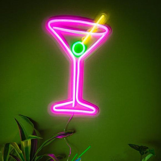 Pink Cocktail Glass and Green Olive Yellow Neon LED Light Sign USB Powered