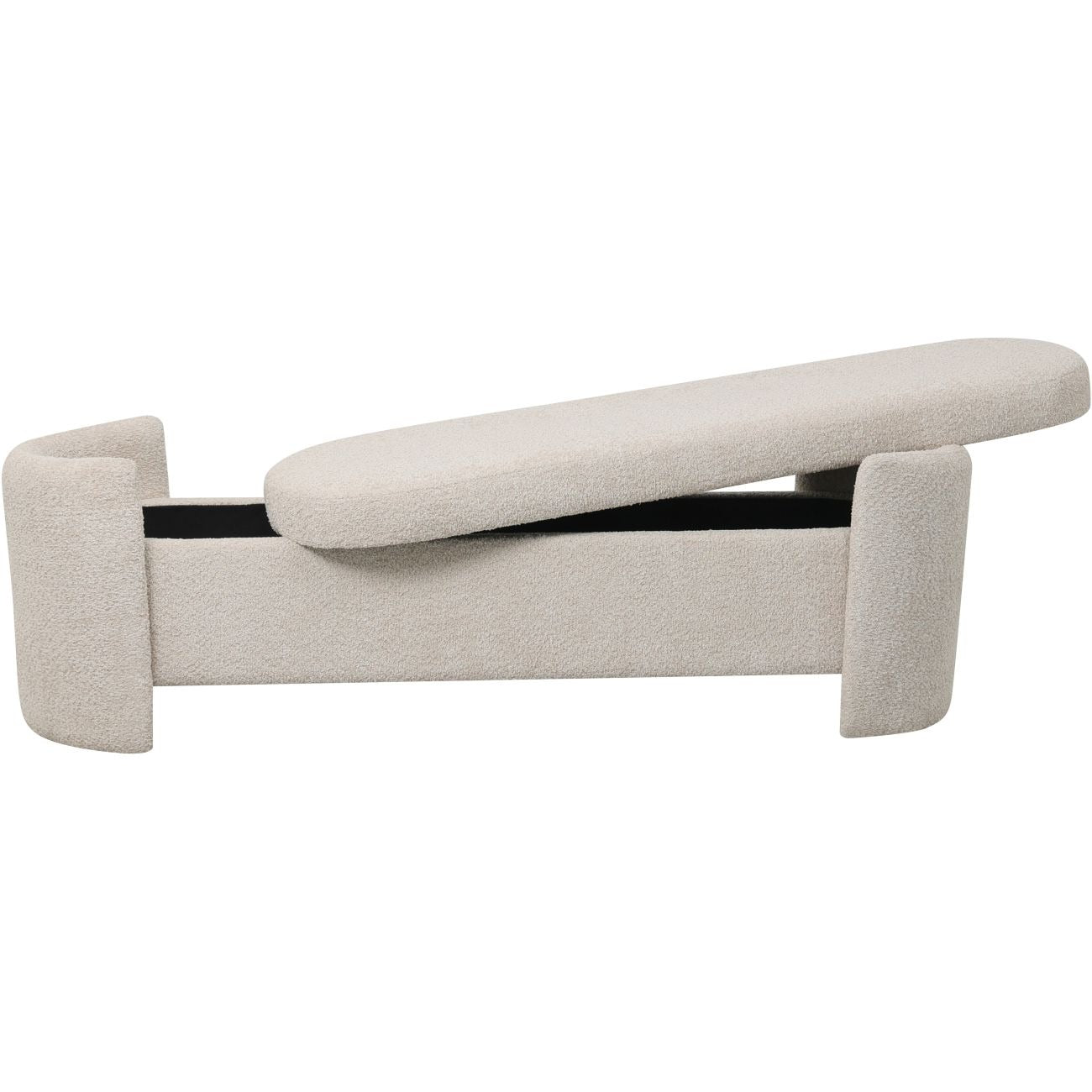 A soft cream storage bench with curved arms, combining comfort and sophistication for seating and storage needs.