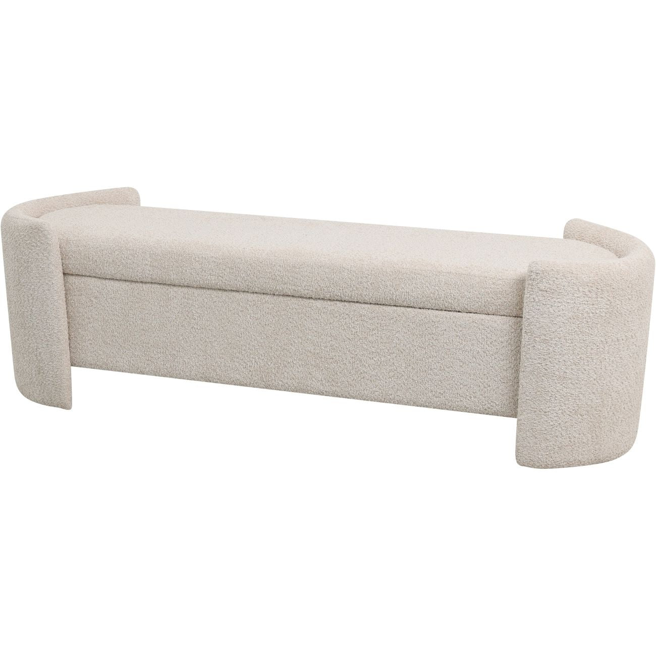 A soft cream storage bench with boucle texture and curved arms, combining comfort and sophistication for seating and storage needs.