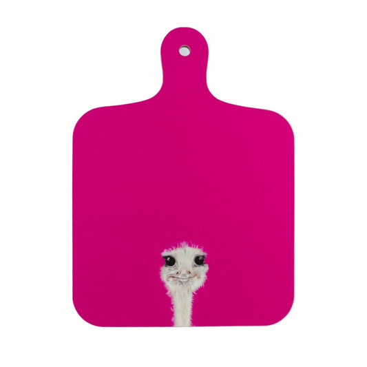 Pink cutting board with an ostrich design on a white background