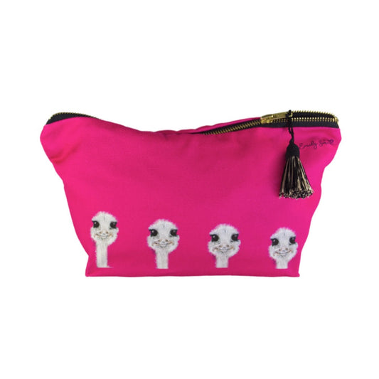 Pink makeup bag with ostrich faces.