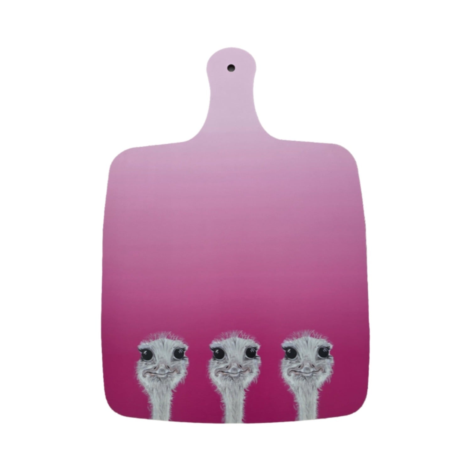 Pink cutting board with three ostrich faces on a white background
