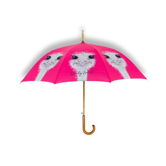 Pink umbrella with an ostrich design on a white background
