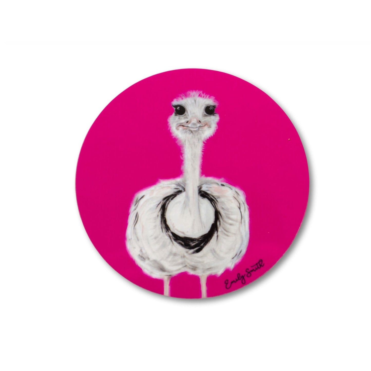 Coaster with an ostrich illustration on a pink background