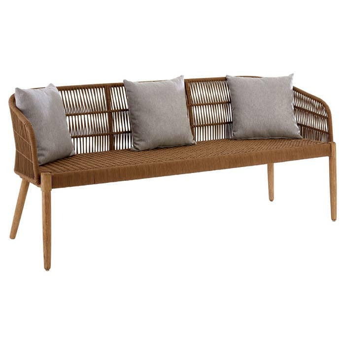 Eucalyptus Wood Scandi Three Seater Sofa. Crafted with a durable eucalyptus wooden frame with rope detailing and curved seat.
