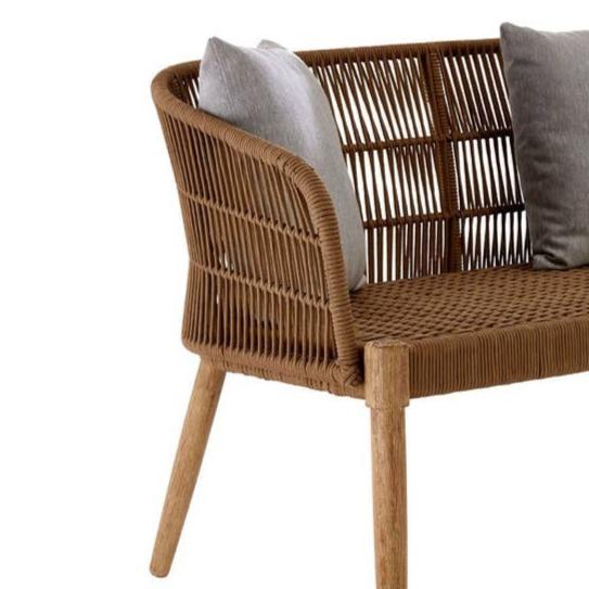 Eucalyptus Wood Scandi Three Seater Sofa. Crafted with a durable eucalyptus wooden frame with rope detailing and curved seat. Close up image showing the texture.