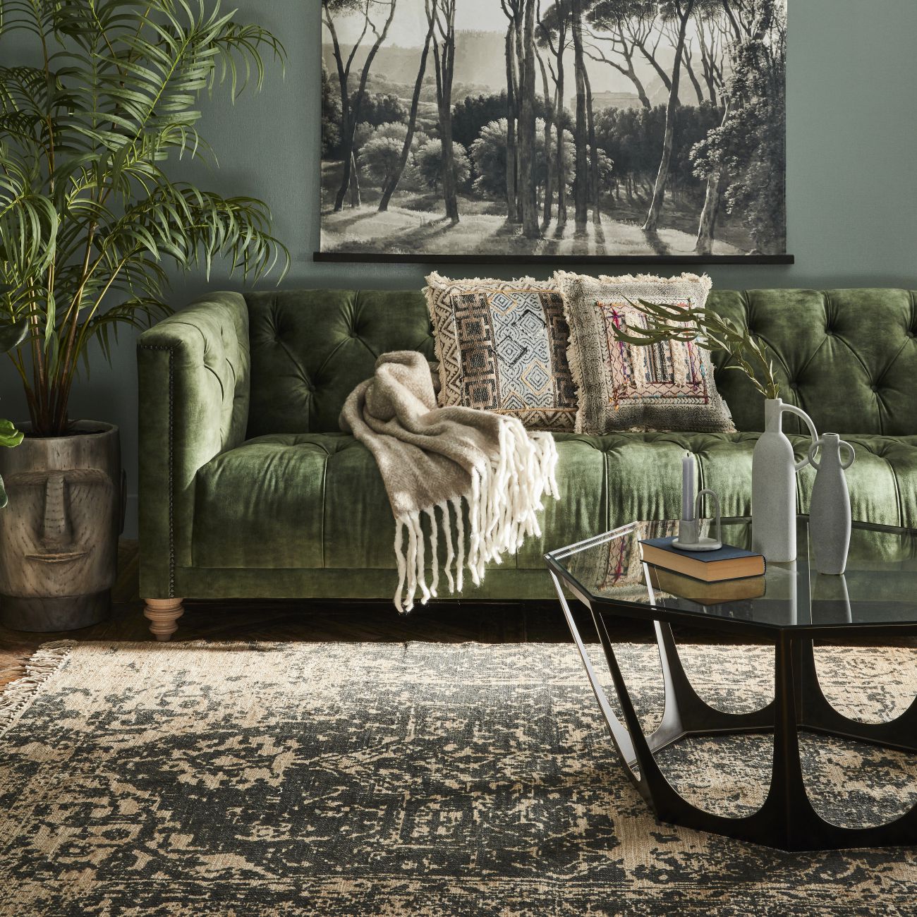 Forest Green Velvet Chesterfield Sofa in living room