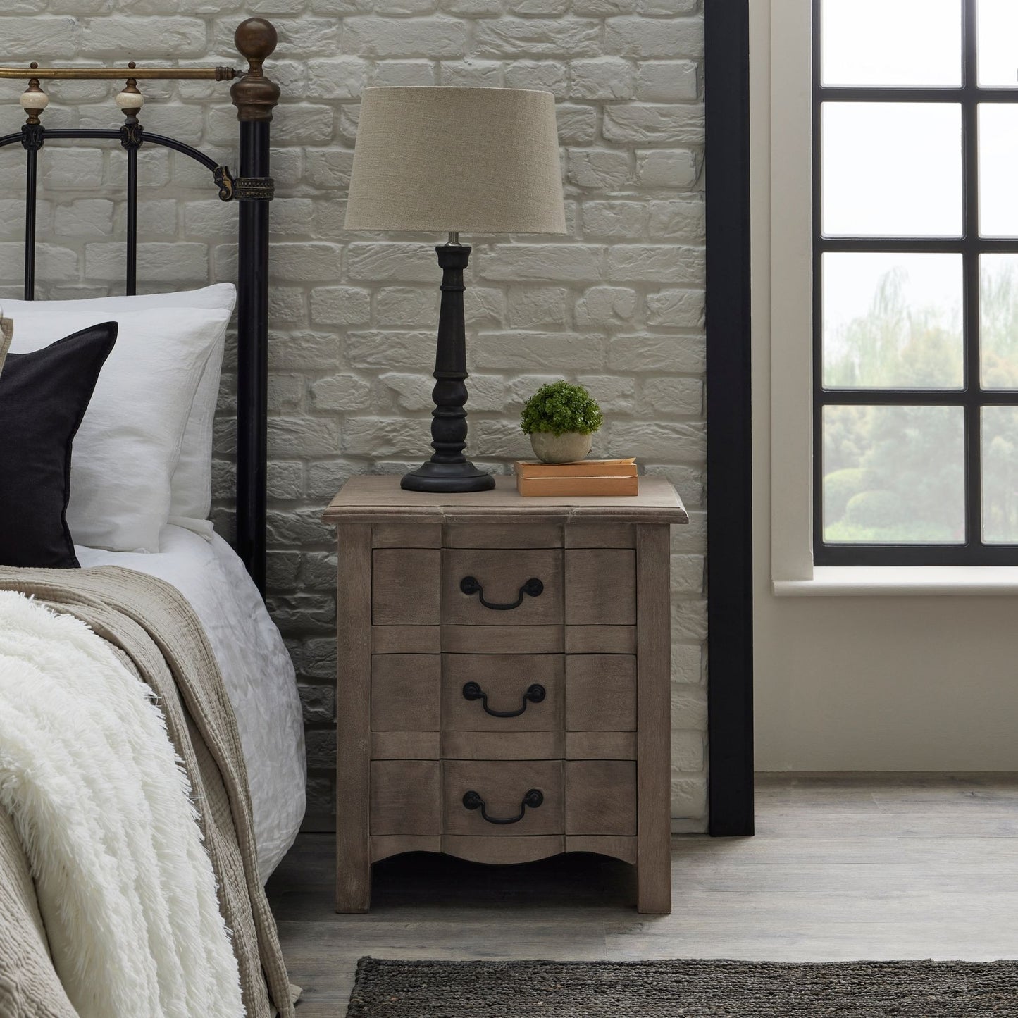 French Mango Wood 3 Drawer Bed Side Table