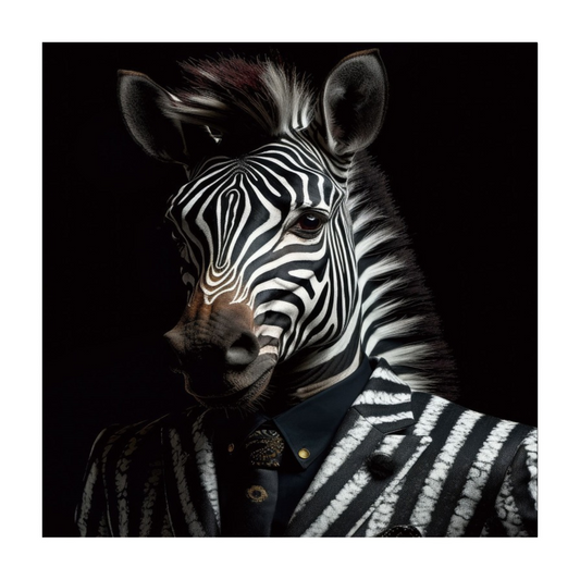Square tempered glass wall art measuring 30cm by 30cm, featuring a dapper zebra wearing a stripy suit, set against a black background. The zebra's bold lines and funky outfit create a striking contrast, making this tempered glass print a standout piece for modern or eclectic interiors!