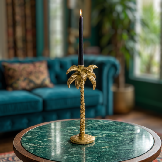 A brass palm tree candlestick holder with a black taper candle, displayed on a green marble-top table in a cozy living room setting.