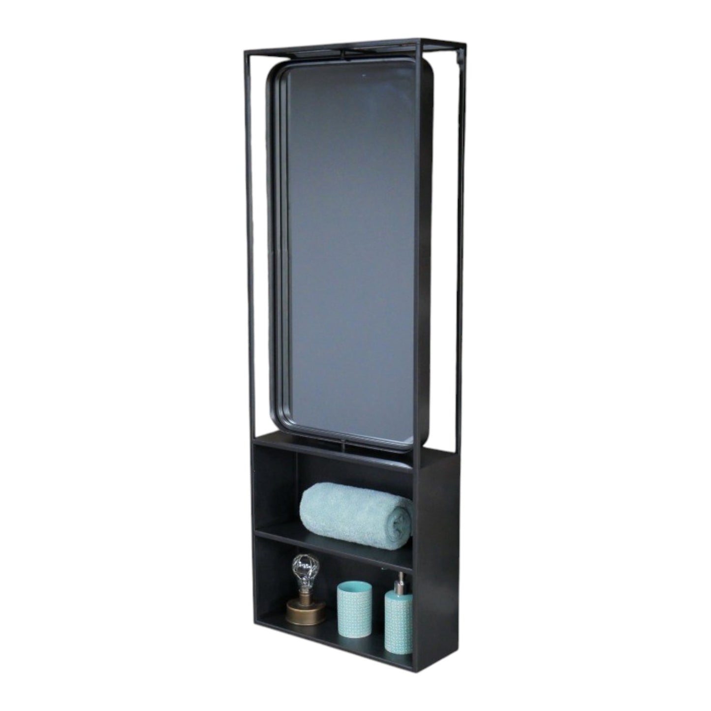 Keep your home stylishly organised with our Industrial Black Wall Mirrored Unit! This large rectangular shelf boasts a sleek black metal finish that screams industrial chic. Two spacious shelves are just begging to showcase your favourite things, and the built-in mirror at the top also adds that perfect rustic flair. With easy-to-use hooks for mounting, this playful piece will jazz up any bathroom, hallway, or kitchen!