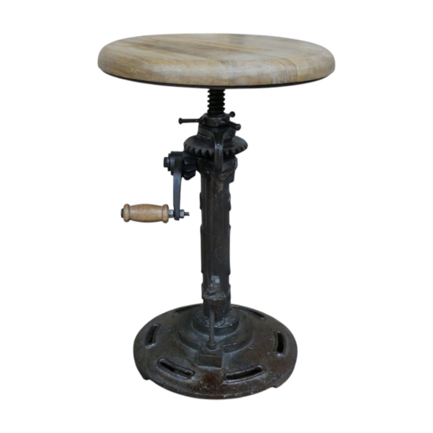 Adjustable-height industrial stool with a round mango wood seat and black iron base, measuring 30cm in diameter. The seat height ranges from 46cm to 60cm, allowing for versatile use. The stool's minimalist design and combination of natural wood and metal materials make it suitable for various interior styles, including industrial, rustic, and contemporary decors.