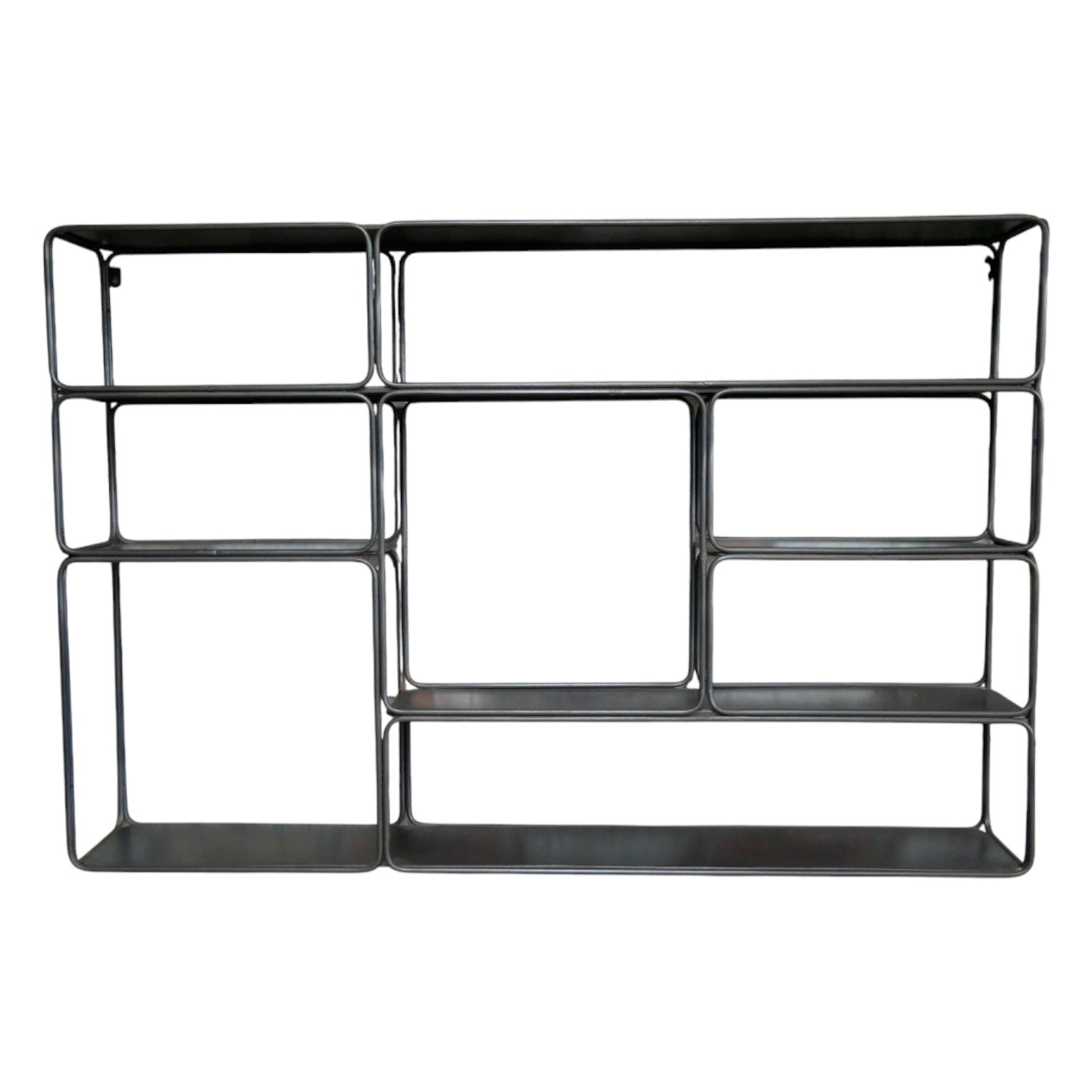 This Industrial Metal Wall Shelf Unit features asymmetrical shelves of varying sizes, creating a unique and stylish storage solution. The durable metal construction adds an authentic industrial touch to your space. Perfect for displaying treasured items while complementing rustic or modern decor themes in any room of your home!