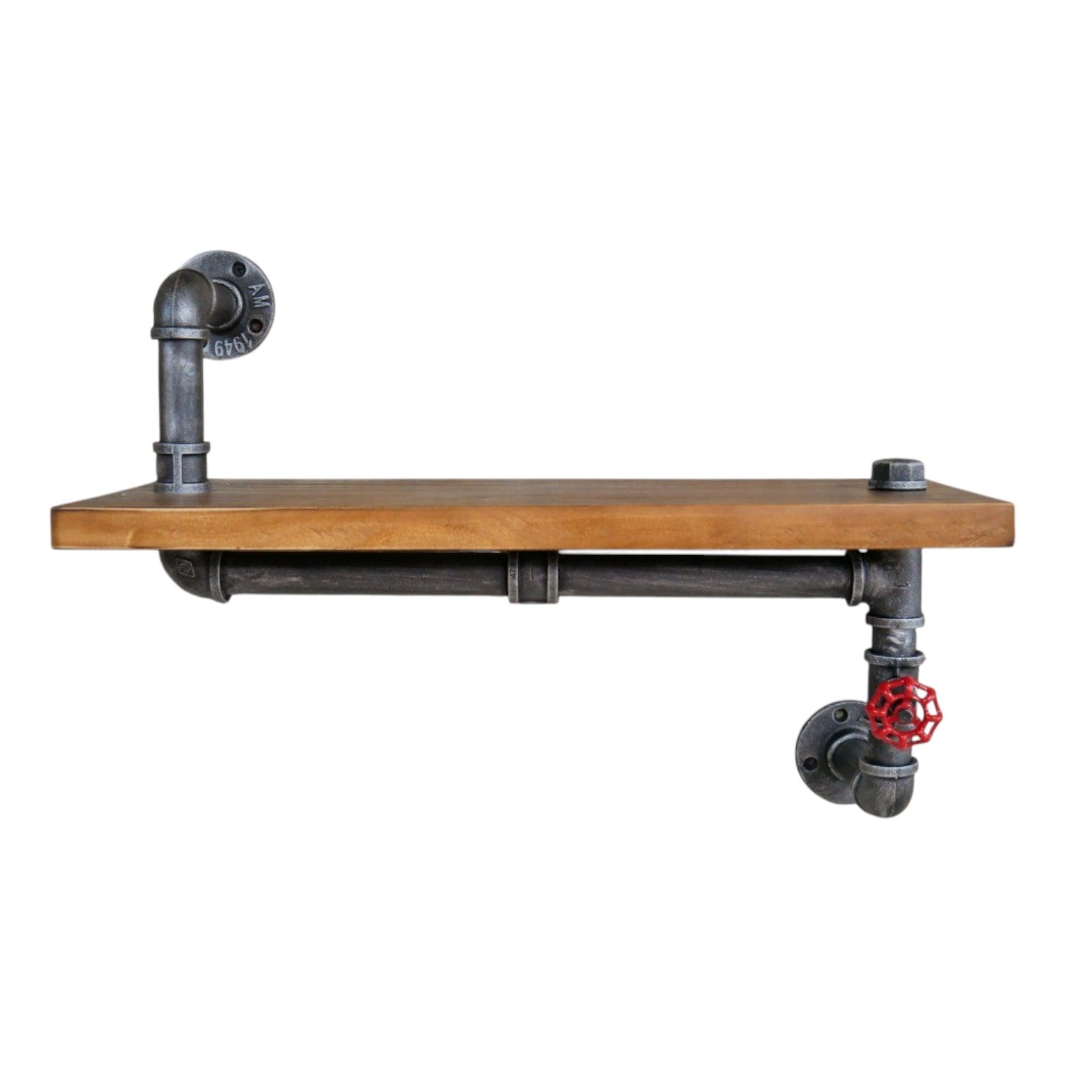 The Industrial Pipe Singular Shelf boldly blends rugged iron pipes with warm, rustic wood for a striking statement piece. Its unique design features a decorative red valve, adding an unexpected pop of colour and industrial flair. Upgrade your walls today with this standout storage choice!