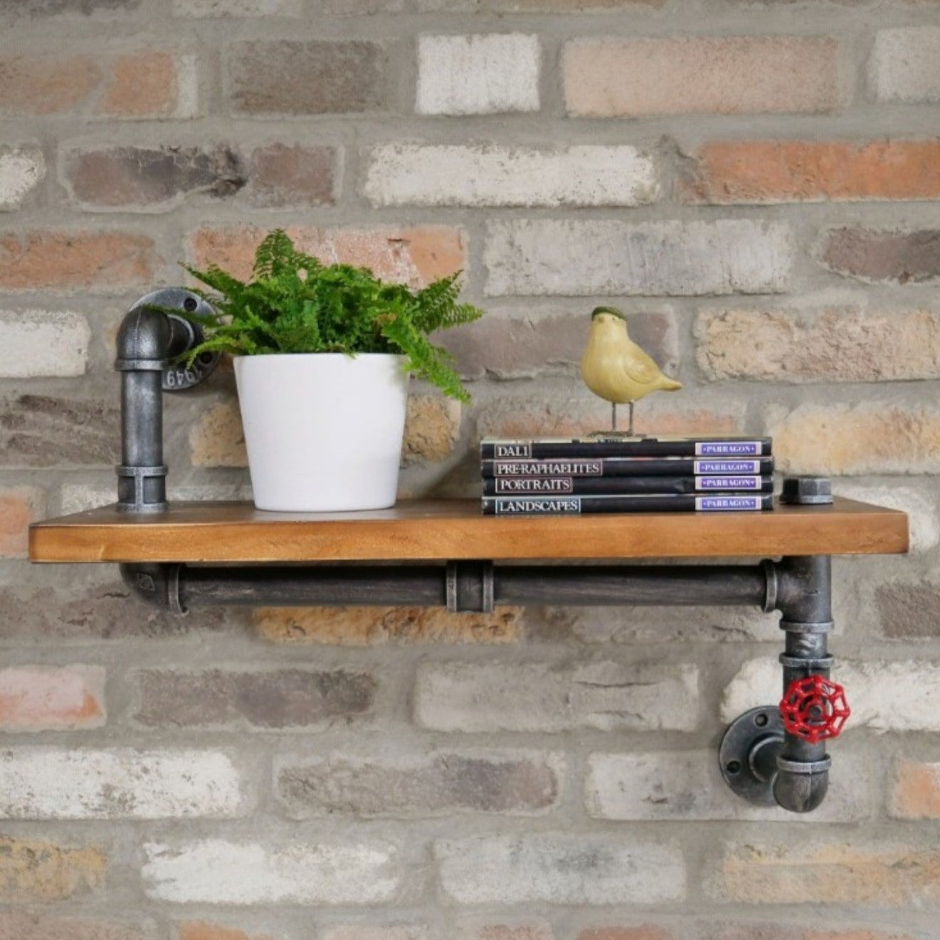 The Industrial Pipe Singular Shelf boldly blends rugged iron pipes with warm, rustic wood for a striking statement piece. Its unique design features a decorative red valve, adding an unexpected pop of colour and industrial flair. Upgrade your walls today with this standout storage choice!