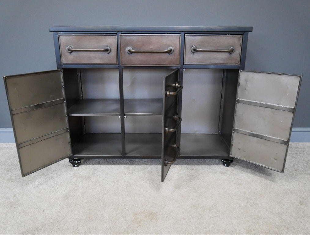 Dare to defy ordinary storage with our Industrial Style Cabinet. This bold metal masterpiece flaunts 3 drawers and 3 cabinets, perfect for rustic and industrial spaces, challenging conventional storage with its unapologetic blend of raw metal charm and sleek styling.