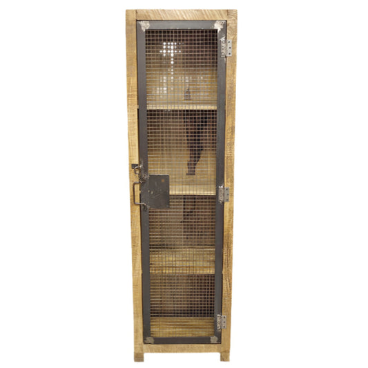 This Industrial Wood and Metal Cabinet combines rustic mango wood with durable metal for a stylish, practical storage solution. Featuring four compartments visible through a metal mesh door secured by a unique chain lock, it offers both elegance and security. Its industrial-worn metal fittings and sturdy wooden legs ensure stability, making it ideal for living rooms, hallways, or bedrooms.