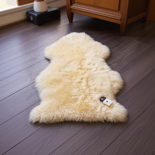 A fluffy cream-colored sheepskin rug laid out on a dark wood floor in a cozy living room setting, with a knitted throw blanket draped over an armchair in the background.