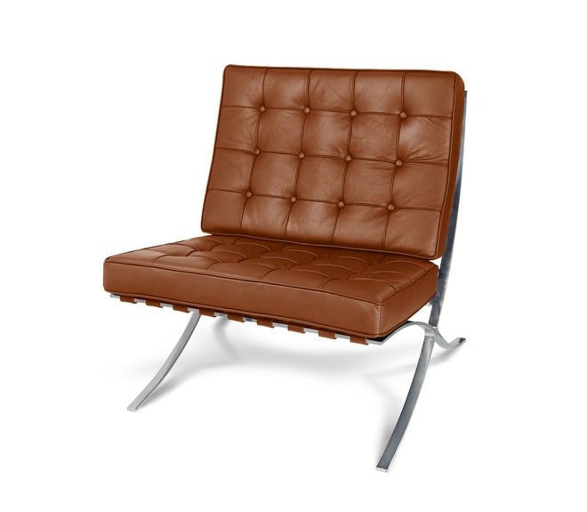 Leather Cushion Steel Frame Lounge Chair Barcelona Style, Light Cognac Brown