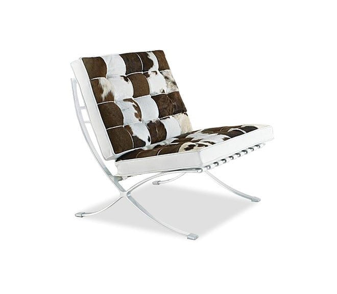 Leather Cushion Steel Frame Lounge Chair Barcelona Style, Pony Brown and White