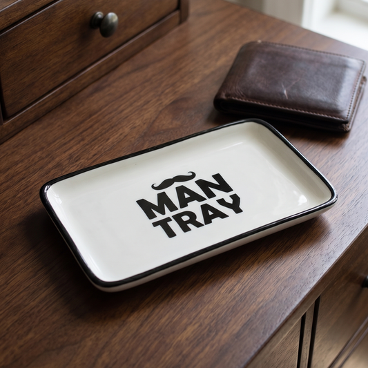 Man tray with 'MAN TRAY' text on a wooden surface
