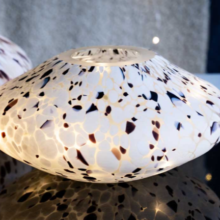 Handblown Glass White Table Lamp with Mottled Brown Mosaic Pattern, illuminated with fairylights