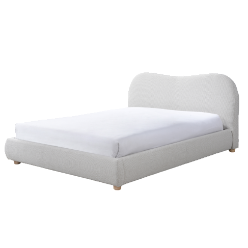 natural upholstered bed with white mattress on a white background