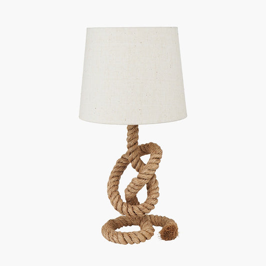 Nautical rope table lamp featuring a twisted natural rope base and a soft white cotton lampshade, perfect for coastal, rustic, or boho home decor.