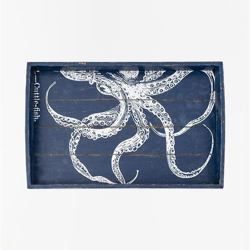 Blue Wooden Tea Tray with a white octopus design