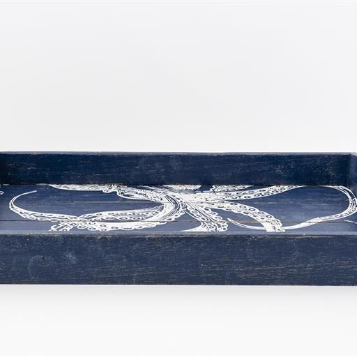 Blue Wooden Tea Tray with a white octopus design