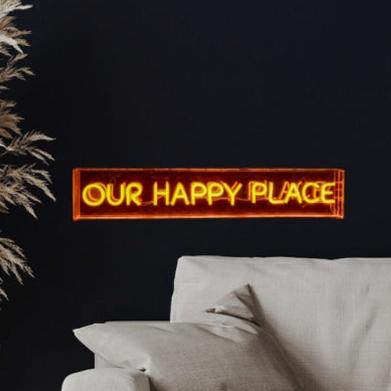 Orange Capital Letter Text Our Happy Place Neon LED Sign Light USB Cable Powered Photo 2