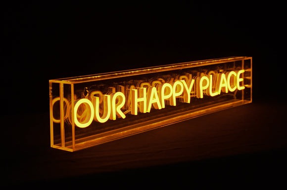 Orange Capital Letter Text Our Happy Place Neon LED Sign Light USB Cable Powered