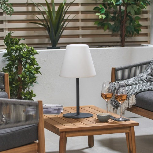 Pale Grey Outdoor Table Lamp with Black Base. Water Resistant and Rechargeable