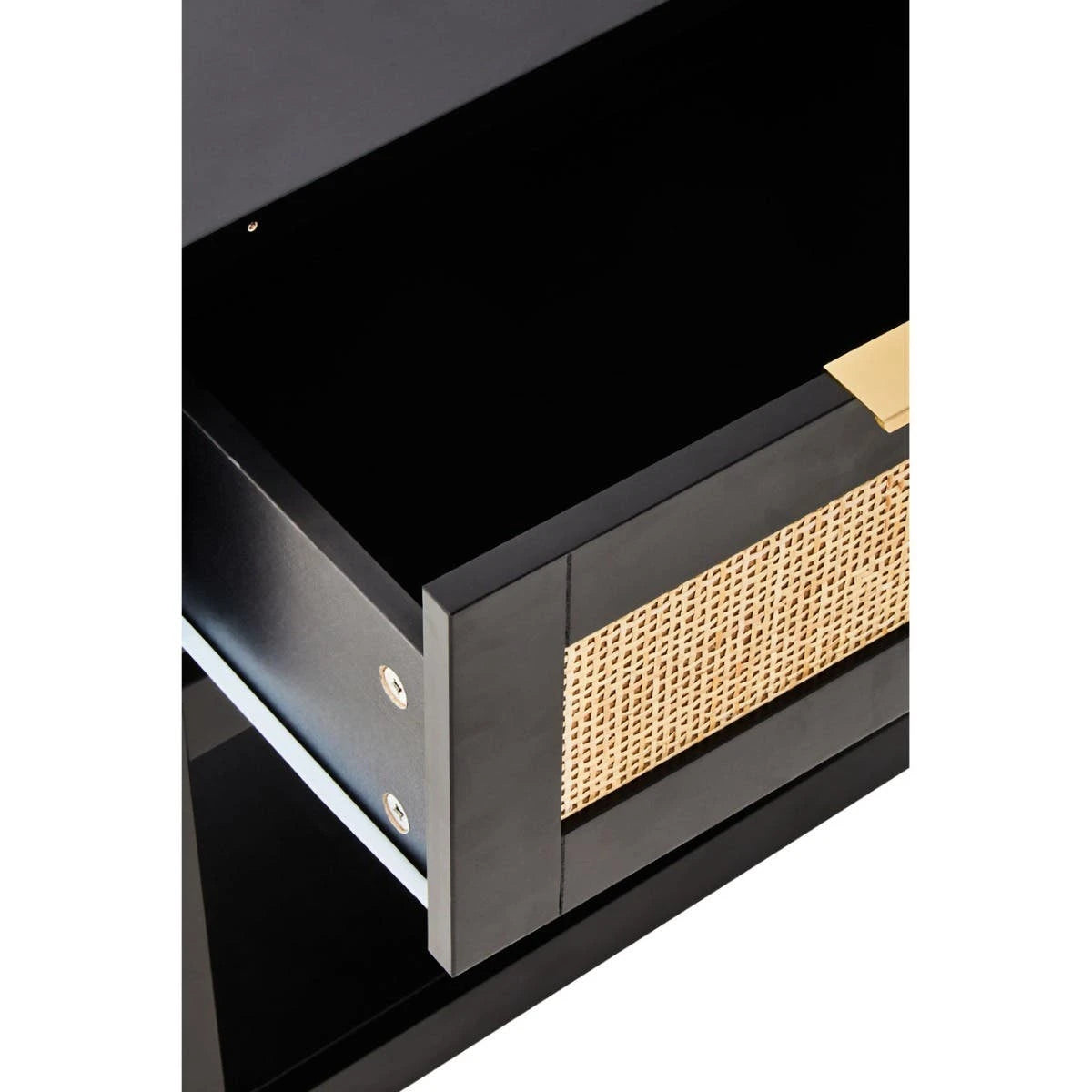 Black and rattan drawers with woven texture on a white background