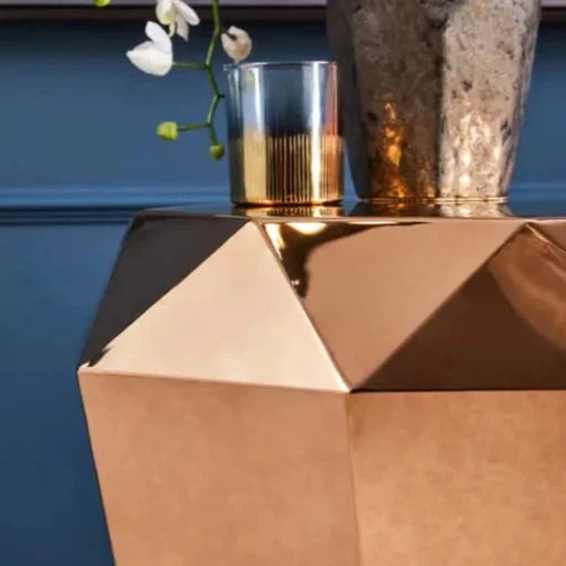 Rose Gold Diamond End Table Blue Wall