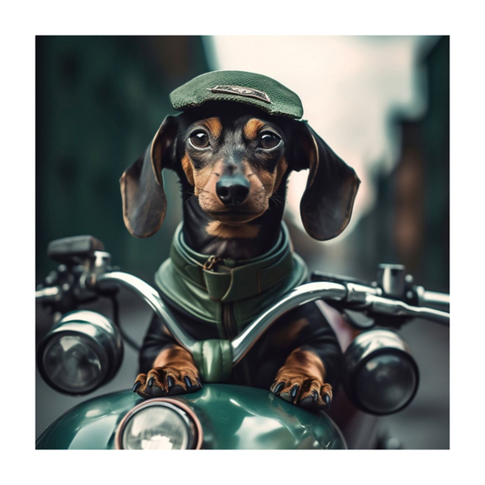 Square wall art measuring 30cm by 30cm, featuring a stylised sausage dog with exaggerated features riding in a motorcycle sidecar, set against a neutral background. The dog's bold lines and vivid colours create a striking contrast, making this tempered glass print a standout piece for modern or eclectic interiors.