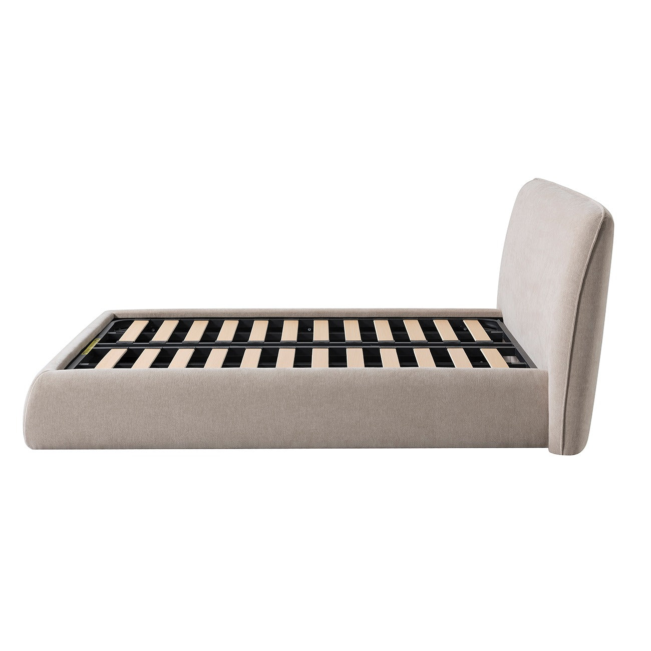 Beige upholstered bed with wooden slats on a white background